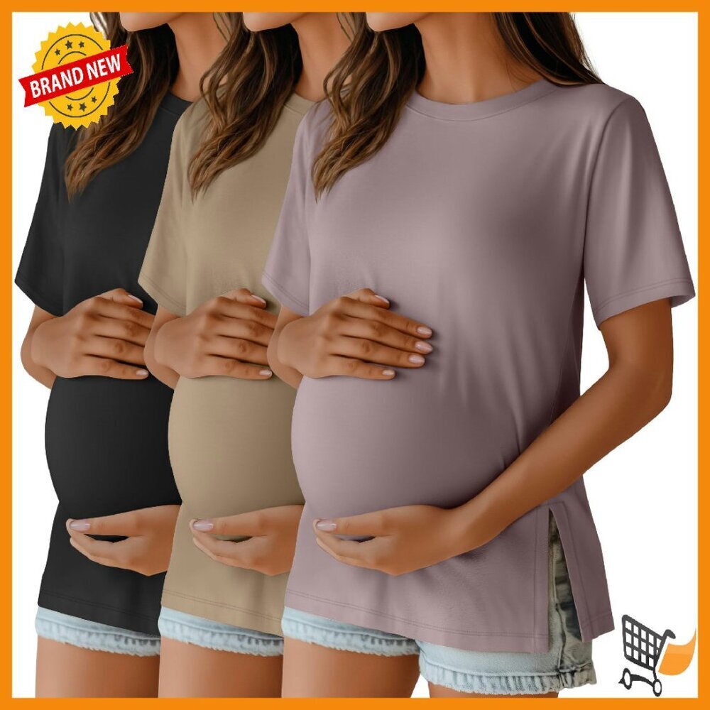 3 Pack Maternity T-Shirts Short Sleeve Side Split Pregnancy Tops